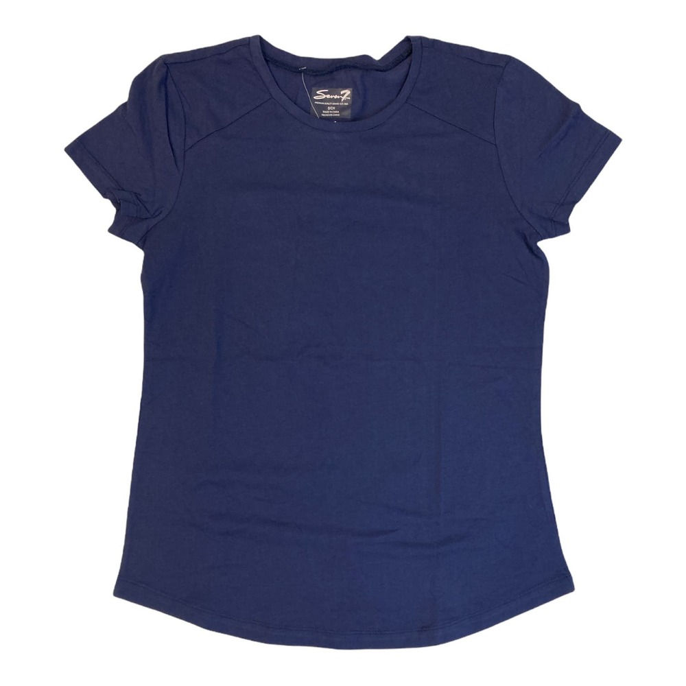 Seven7 Women Medium Cotton Crew Neck Short Sleeve T-Shirt (Navy Blue)